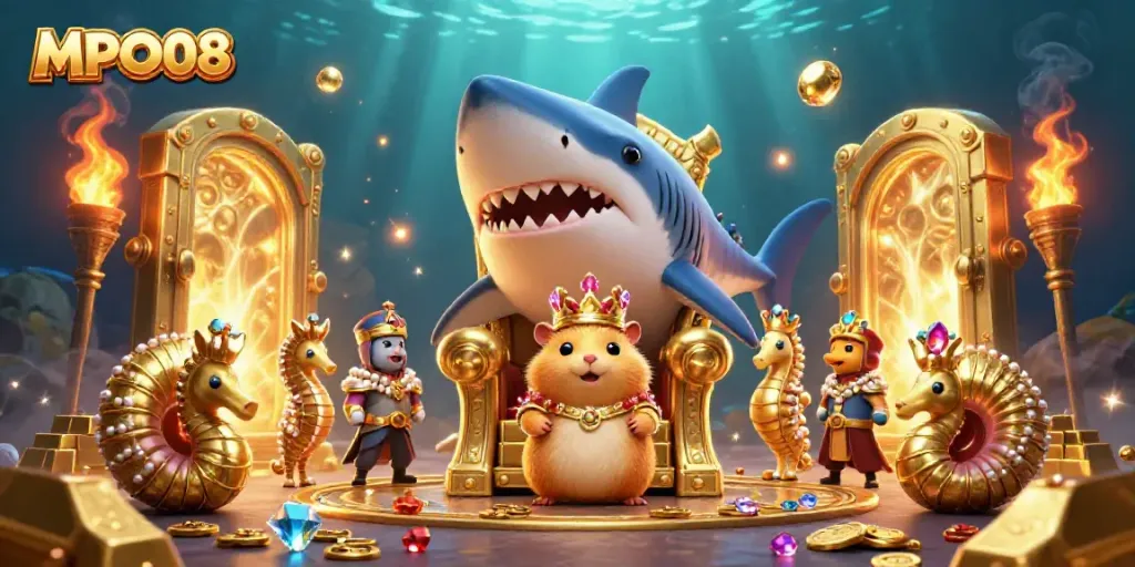 Engage with MPO08's vibrant online gaming experience featuring a golden hamster king, treasure elements and seahorse guards.