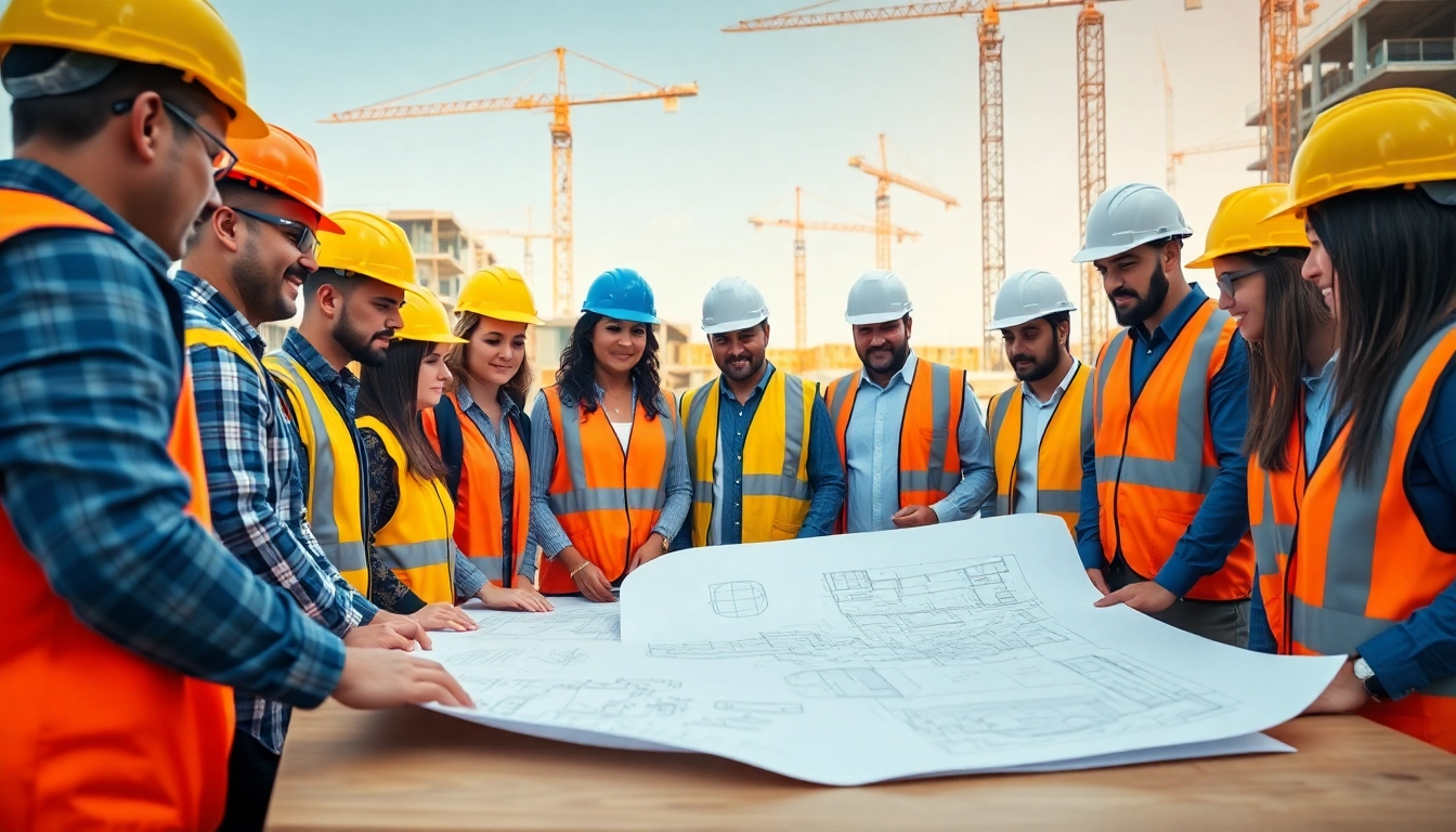 Engaged team at a construction site focusing on construction advocacy with blueprints and safety gear.