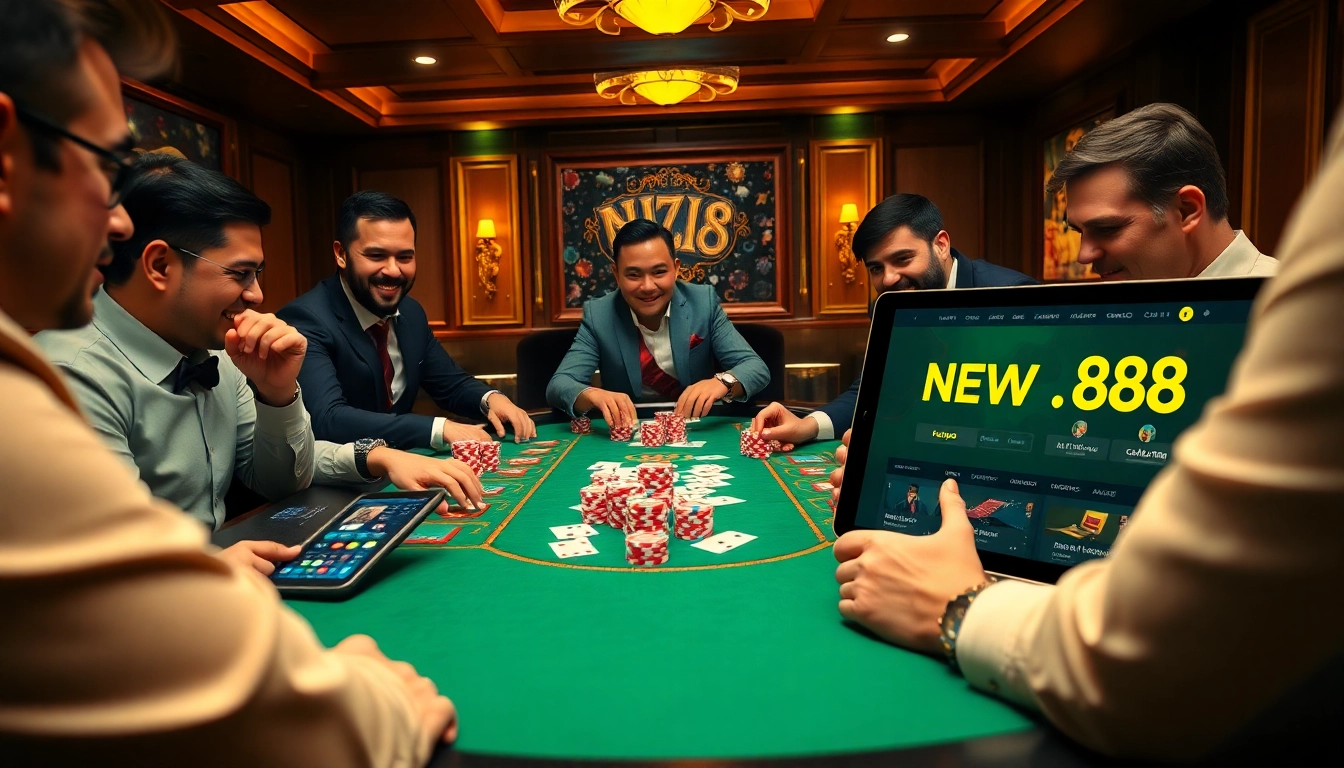 Gamblers enjoying a vibrant casino experience at https://new88.pet/ with poker chips and cards.