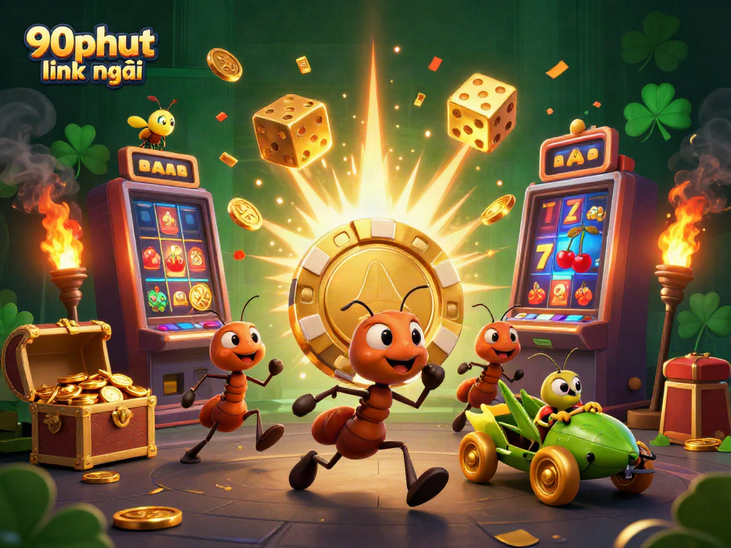 Experience the excitement of 90phut link mới with our vibrant 3D illustration portraying ants heisting a golden poker chip.
