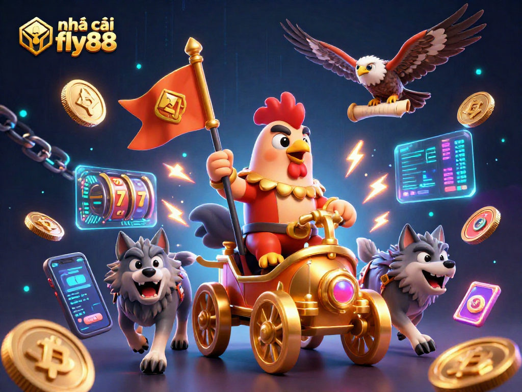 Engage with nhà cái fly88 at an exciting casino scene featuring a rooster warlord and crypto elements.