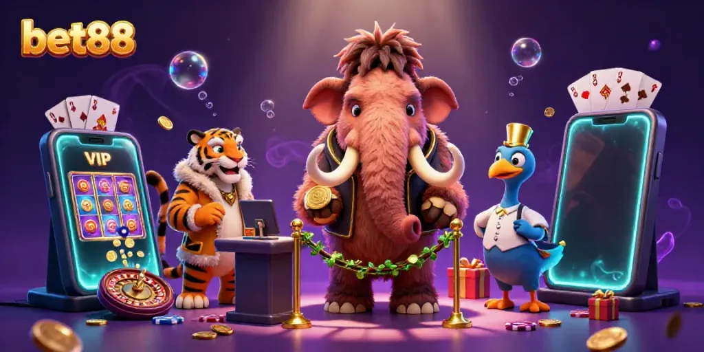 Experience a vibrant bet88 casino scene with a woolly mammoth bouncer, saber-tooth tiger guest, and dynamic gaming elements.