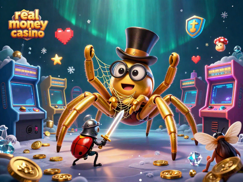 Engage in the vibrant scene of a real money casino featuring a golden tarantula weaving its web amidst arcade games and excited spectators.