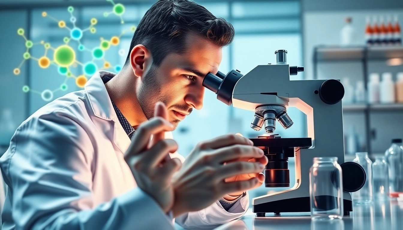 Analyze peptides under a microscope in a well-lit modern laboratory setting.