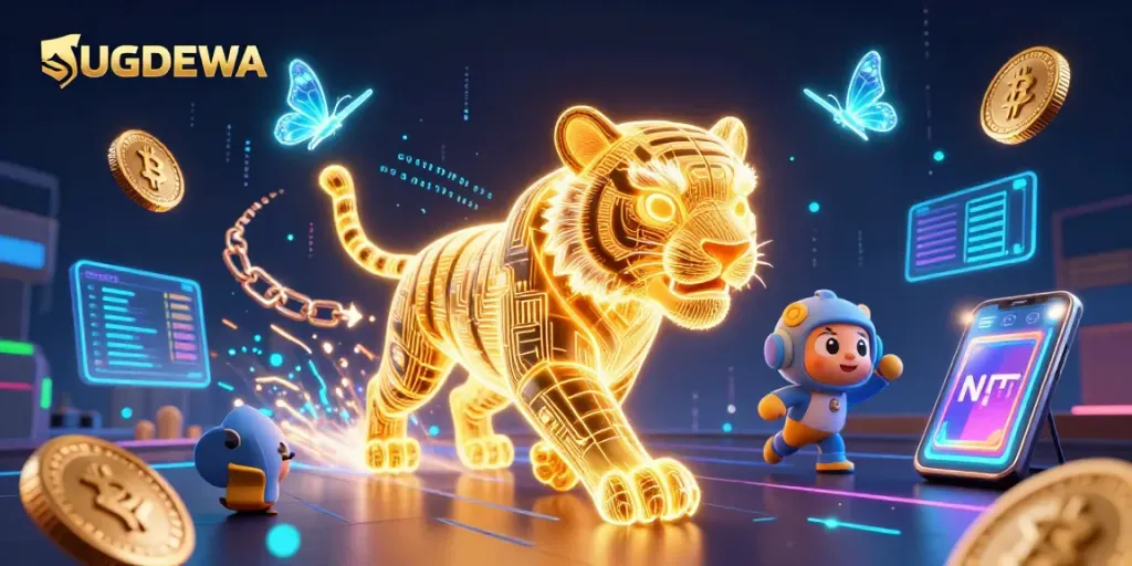 Win big with UGDEWA in a vibrant digital casino, featuring energy trails and crypto coins.