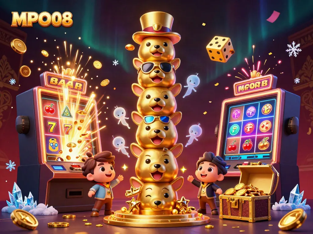 MPO08 showcases a vibrant casino scene with a totem pole and exploding jackpot elements.