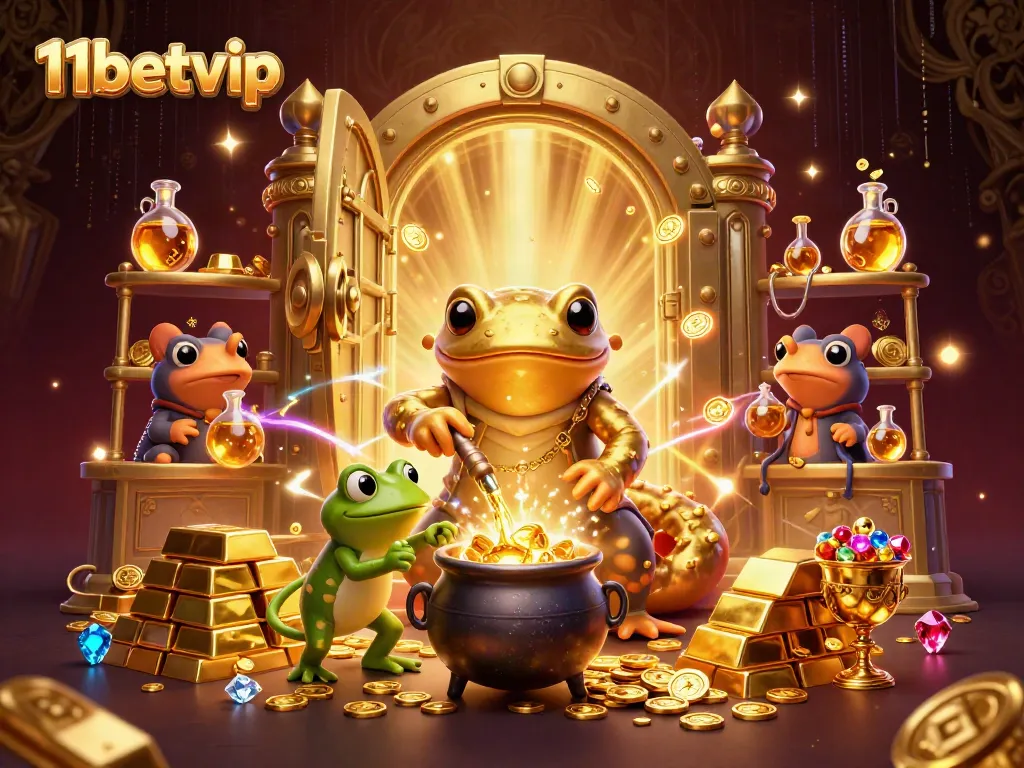 Witness the vibrant casino world with 11betvip's golden alchemist creating wealth in an enchanting scene.
