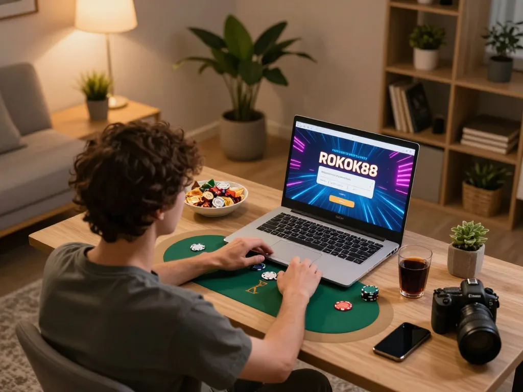 Login to rokok88 and enjoy online poker in a cozy home setting, with snacks and vibrant graphics.