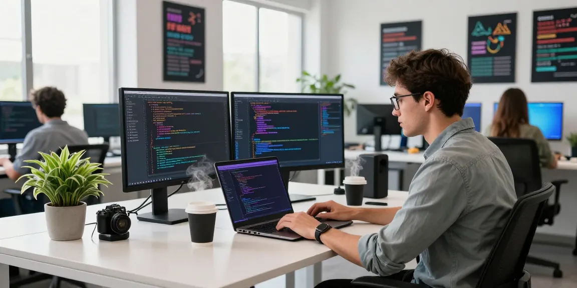 Focused software engineer coding at the WPS Official Website workspace, showcasing a modern tech setup with dual monitors.