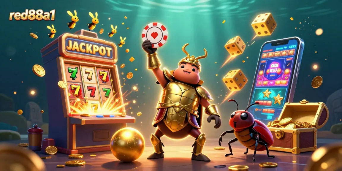 Experience excitement with red88a1 as beetles celebrate a jackpot in this vibrant casino scene.