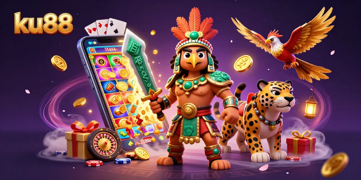 Play thrilling slot games with ku88 featuring a vibrant Aztec warrior scene and dynamic action elements.