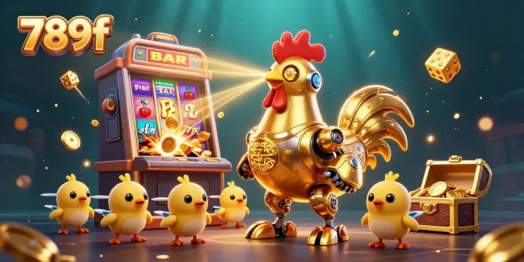 Experience thrilling gameplay with 789f's golden rooster robot and jackpot excitement in this vibrant scene.