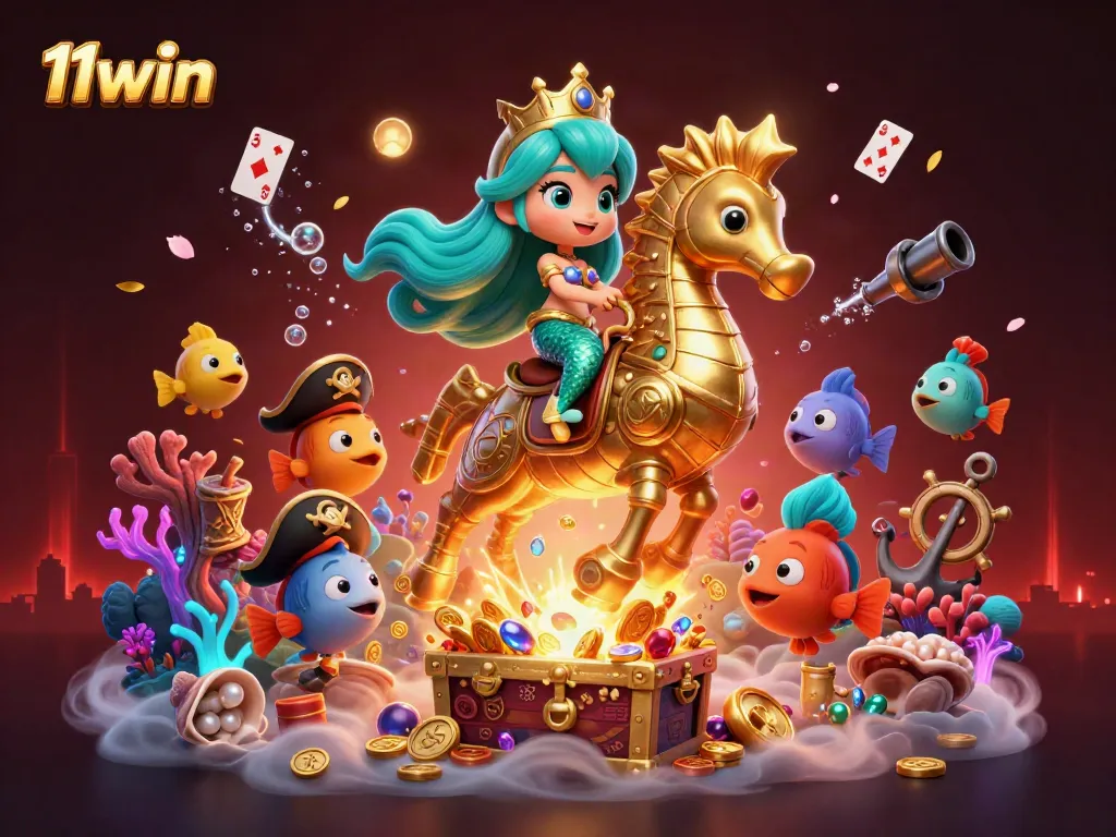 Win big with 11win while experiencing an underwater casino adventure with vibrant characters.