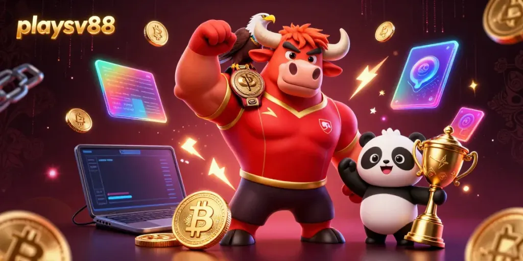 Experience the excitement of playsv88 with vibrant characters celebrating a win in a richly detailed casino scene.