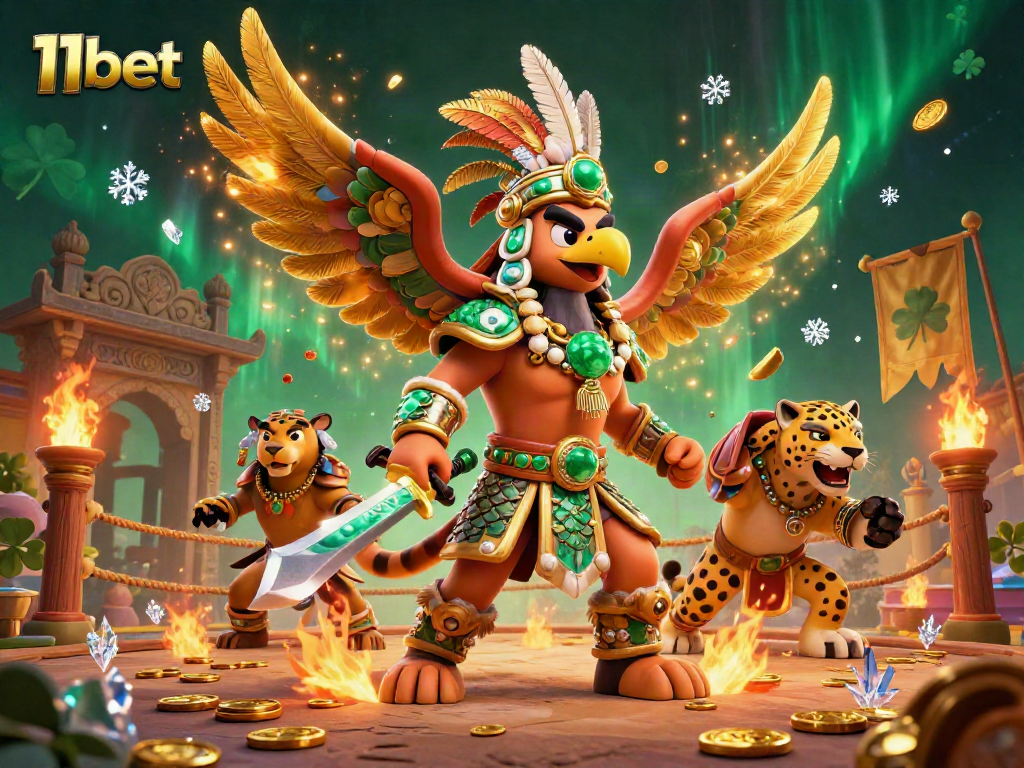Engage with the exciting world of 11bet featuring vibrant Aztec warriors and casino elements.