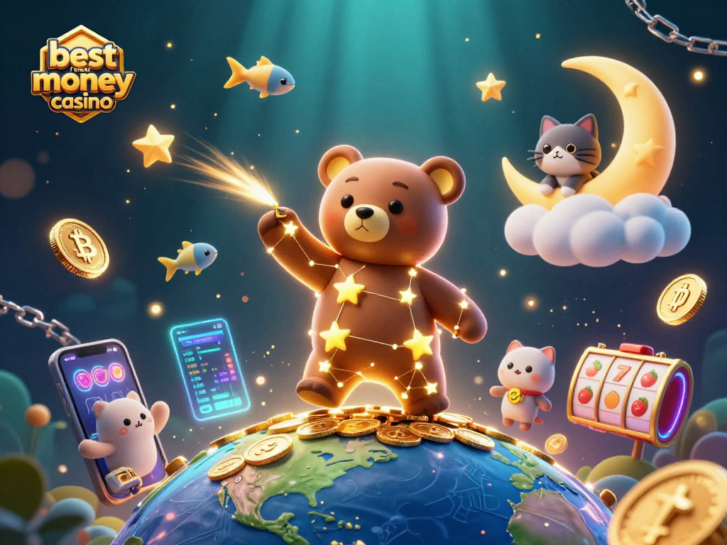 Engage with the best real money casino in a vibrant scene featuring stars, coins, and exciting gaming elements.