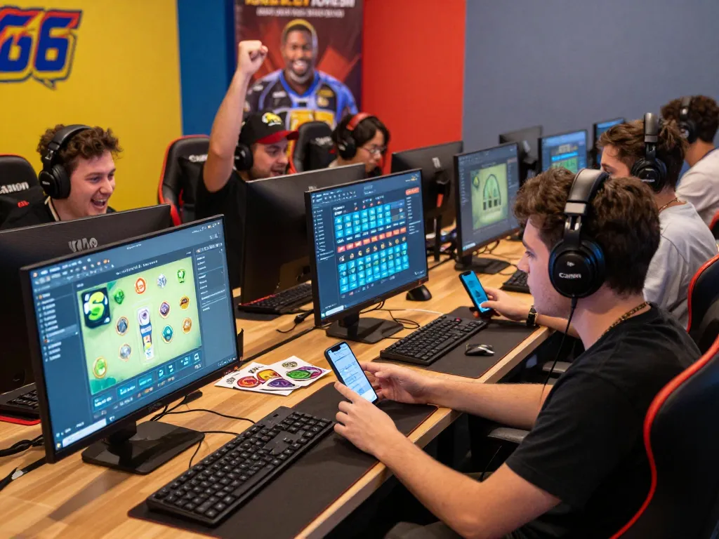 Players engaging with KO66 đăng nhập platform in a vibrant gaming lounge showcasing excitement and interaction.