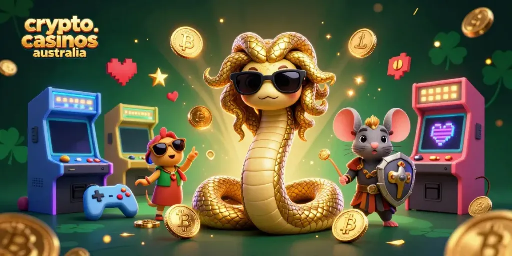 Experience the excitement of crypto casinos Australia with engaging characters and vibrant casino elements.