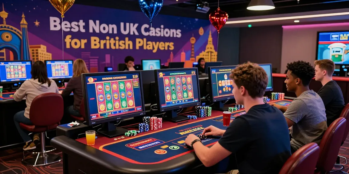 Exciting scene of British players enjoying the best non UK casinos online, surrounded by colorful gaming elements and technology.