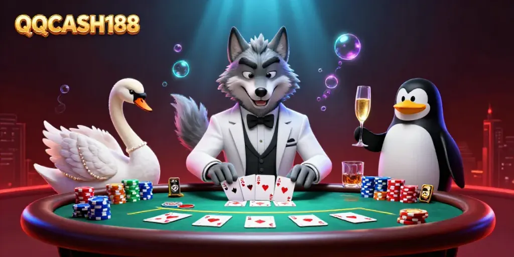 Play with QQCASH188 alongside a charming wolf, elegant swan, and penguin in a dynamic casino setting.