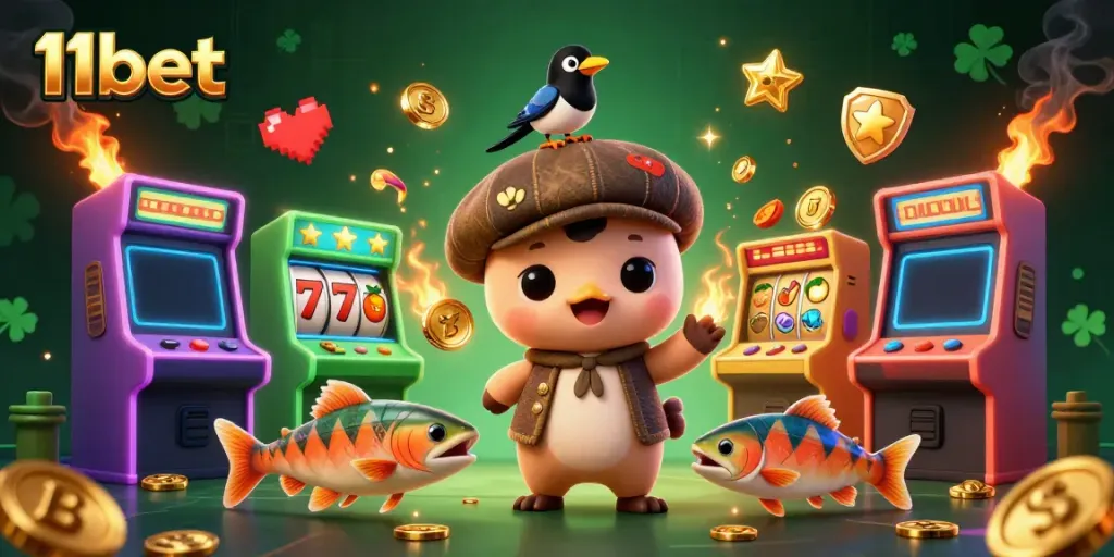 Win big with 11bet in this vibrant cartoon casino scene featuring jackpot elements and playful characters.