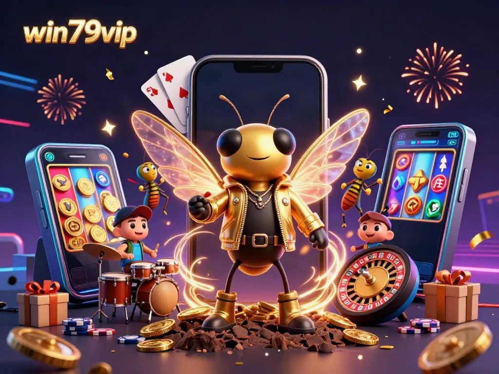 Experience the excitement of win79vip with a thrilling game scene featuring a rock star, drummer, and casino elements.