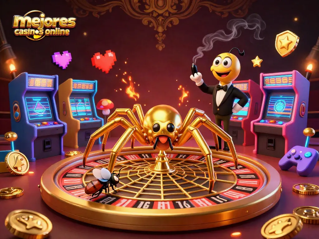 Apostar en los mejores casinos online con una ilustración de una araña dorada en una rueda de ruleta.