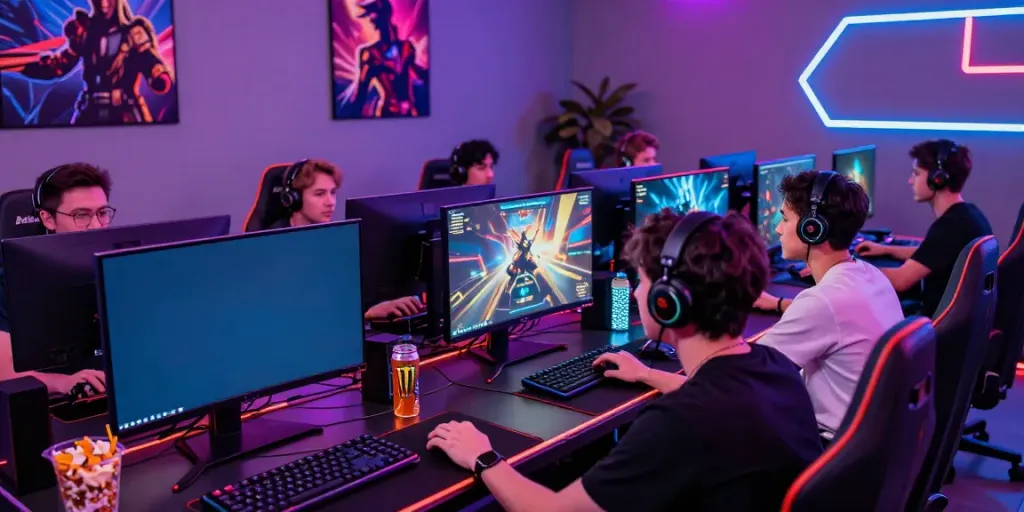 Men enjoying a thrilling online gaming experience at Manclub with high-tech equipment.