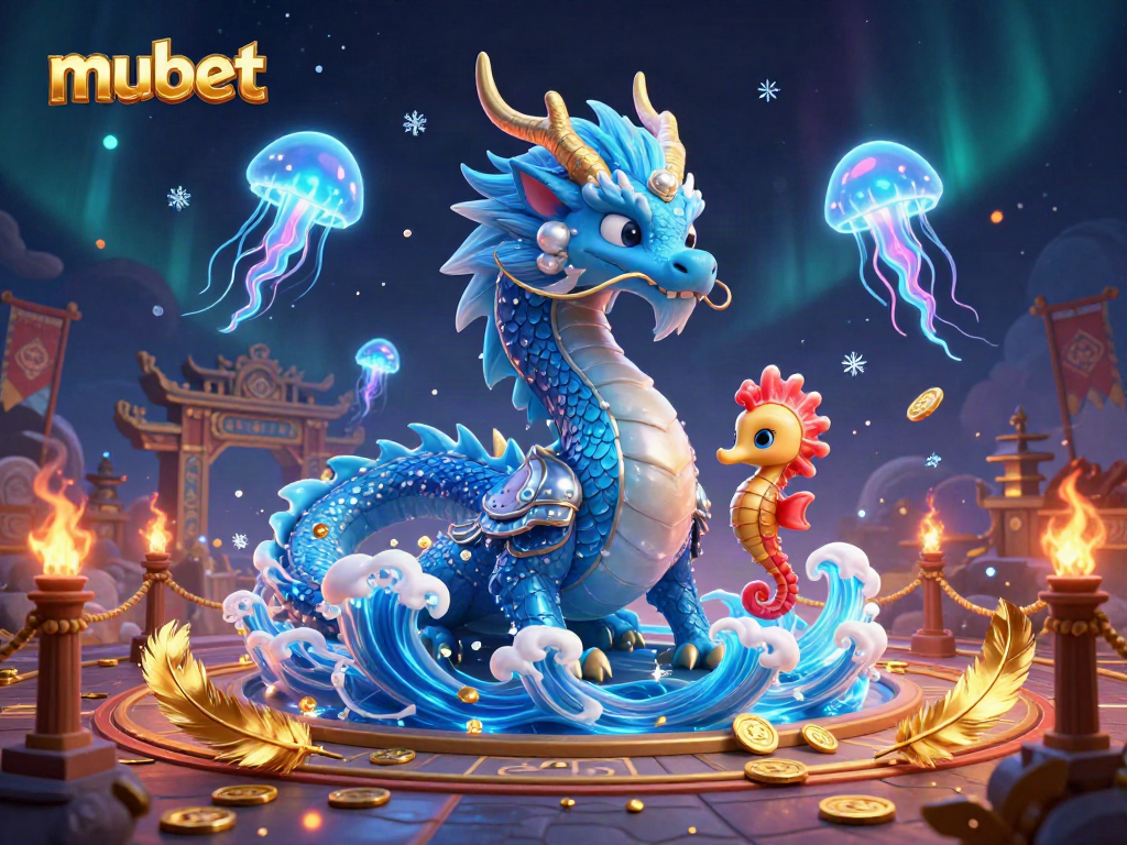 Experience the thrill of mubet with a lively casino scene featuring a dragon, seahorse knight, and neon jellyfish.