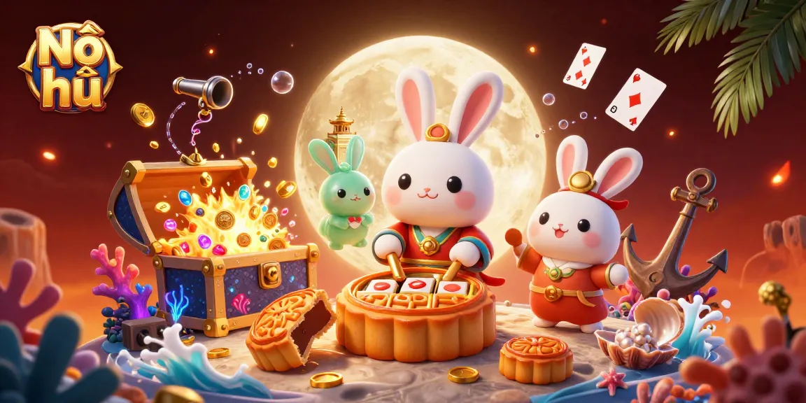 Nổ hũ jackpots illustrated with the moon rabbit, showcasing dynamic slot machine elements and gold treasures.