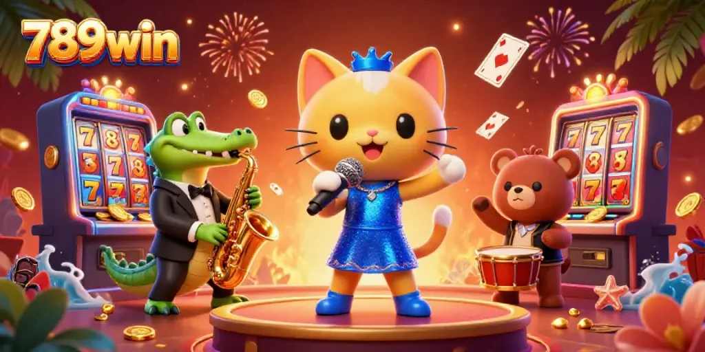 Experience the vibrant atmosphere of 789win with cartoon characters celebrating and playing casino games.