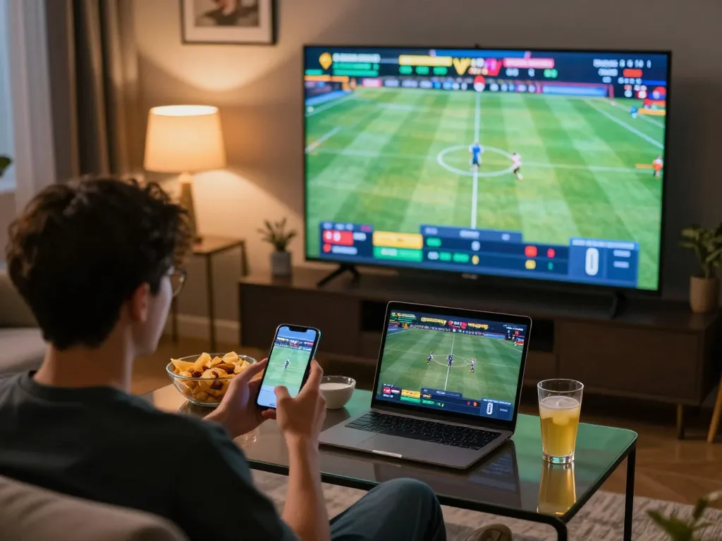 Engaged bettor navigating NoHu sports betting options on smartphone and laptop in cozy home setting.
