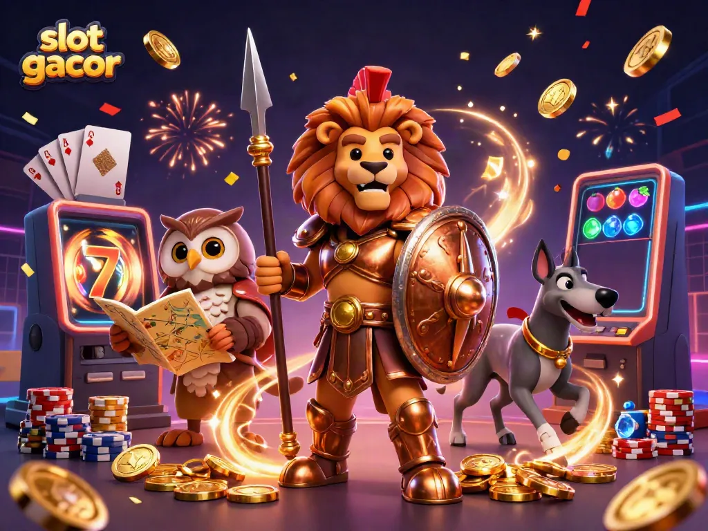 Experience thrilling action with the 'slot gacor' scene featuring a Spartan lion and casino elements in a vibrant setting.