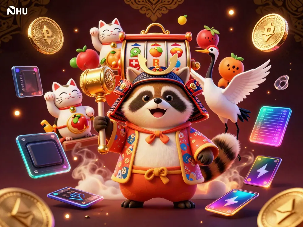 Play slots and win with NOHU at this vibrant 3D illustration featuring lucky characters and game elements.