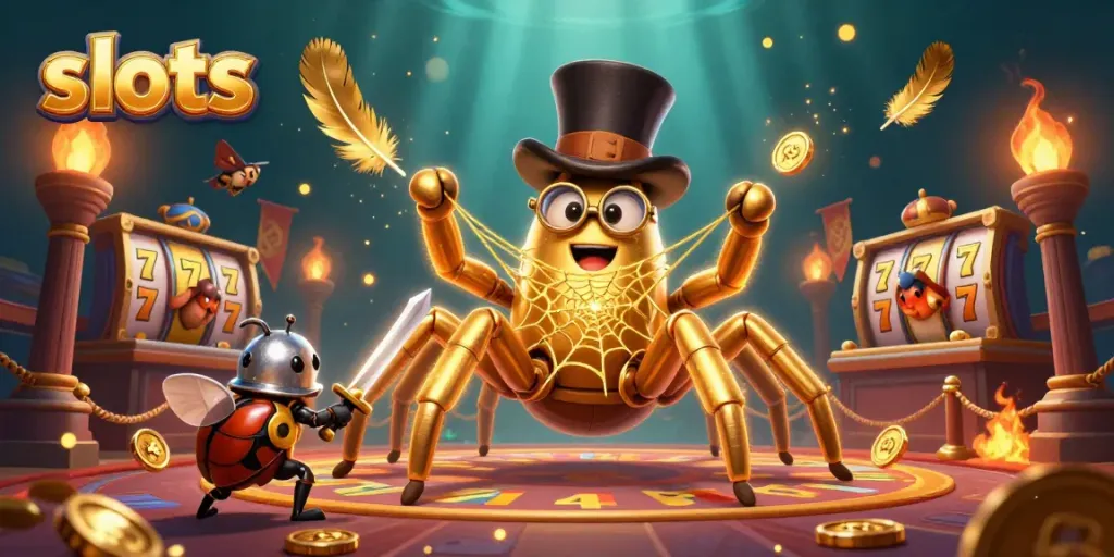 Engage in exciting slots adventures with a golden tarantula and knight in a lively casino scene.