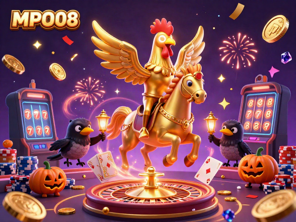 A golden rooster character from MPO08 winning big at a casino, surrounded by coins and gems.