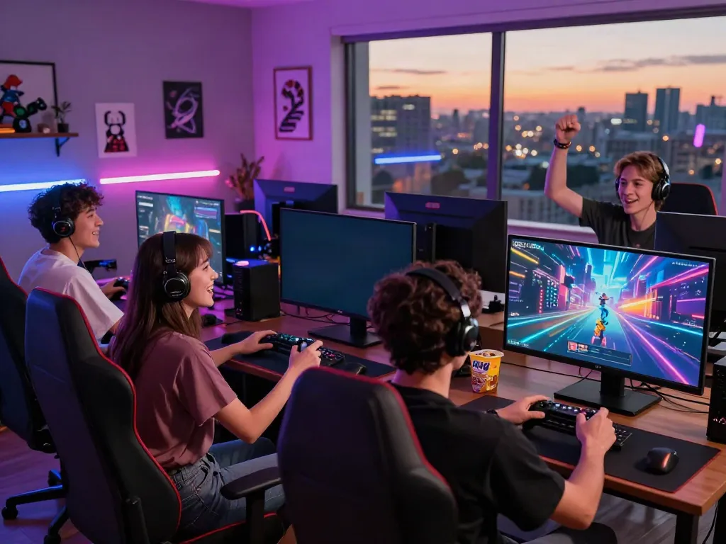 Friends enjoying gaming session around Hitclub setup, vibrant atmosphere.