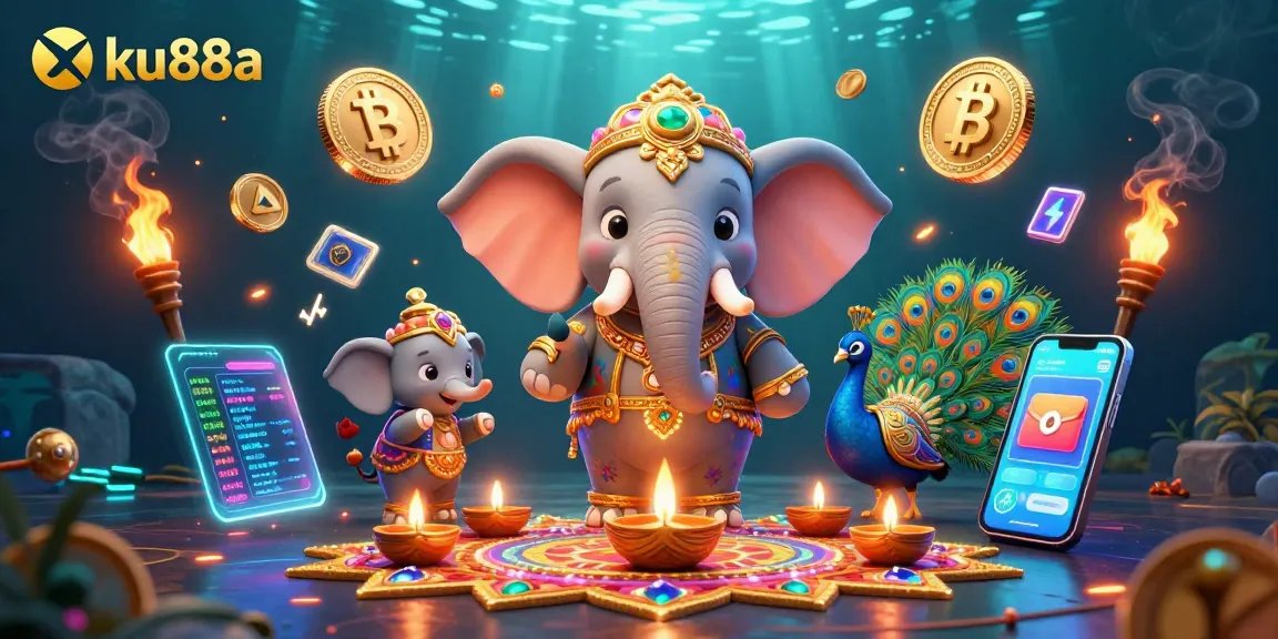 Engage with ku88a's colorful casino adventure featuring an ornate elephant and peacock amidst glowing crypto elements.