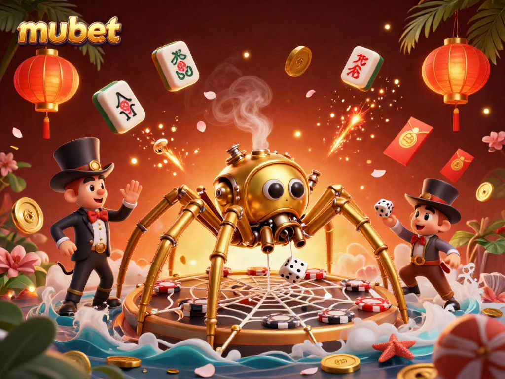 Experience exciting wins with mubet in a vibrant casino-themed illustration filled with gaming elements.