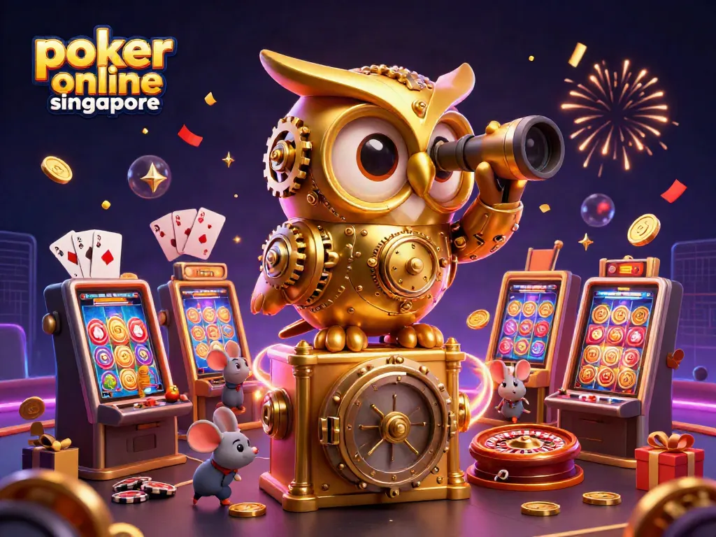 Play exciting poker online Singapore with a vibrant casino scene featuring a golden owl and mouse patrons.