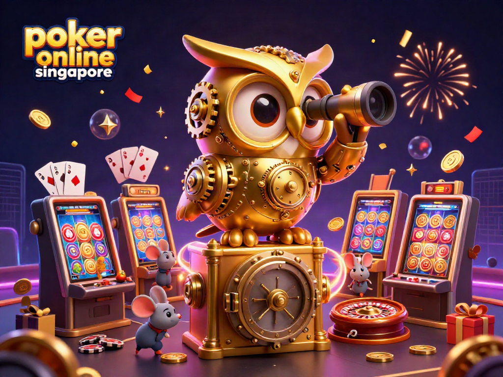 Play exciting poker online Singapore with a vibrant casino scene featuring a golden owl and mouse patrons.