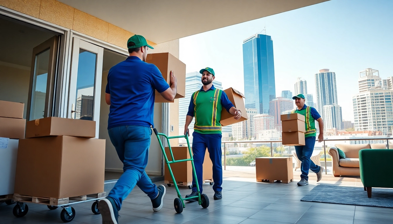 Calgary movers efficiently transporting boxes with a city backdrop, showcasing teamwork and professionalism.