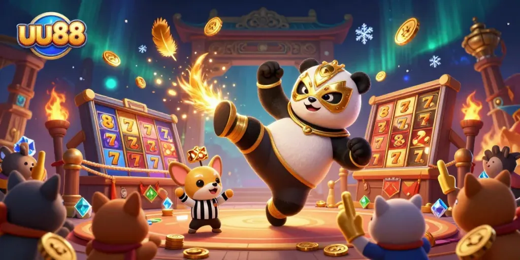 Experience thrilling slots action with uu88 as a panda wrestler faces off in a vibrant, lively casino scene.
