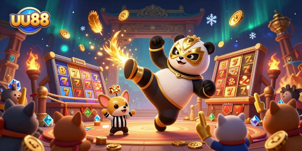 Experience thrilling slots action with uu88 as a panda wrestler faces off in a vibrant, lively casino scene.
