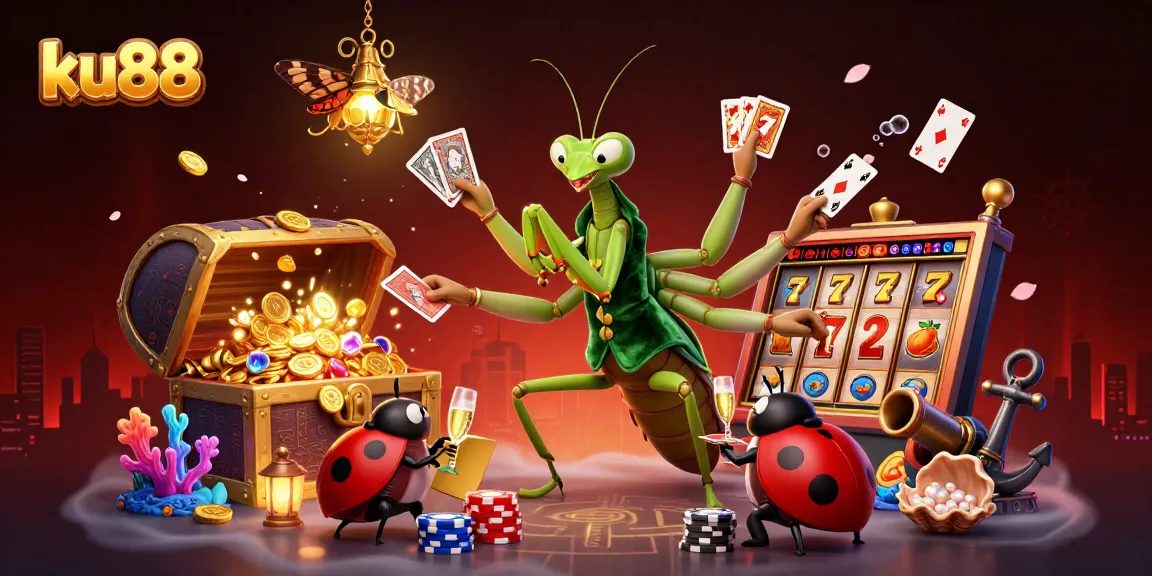 ku88 slot game scene with 3D mantis dealer, ladybug pit boss, and slot reels