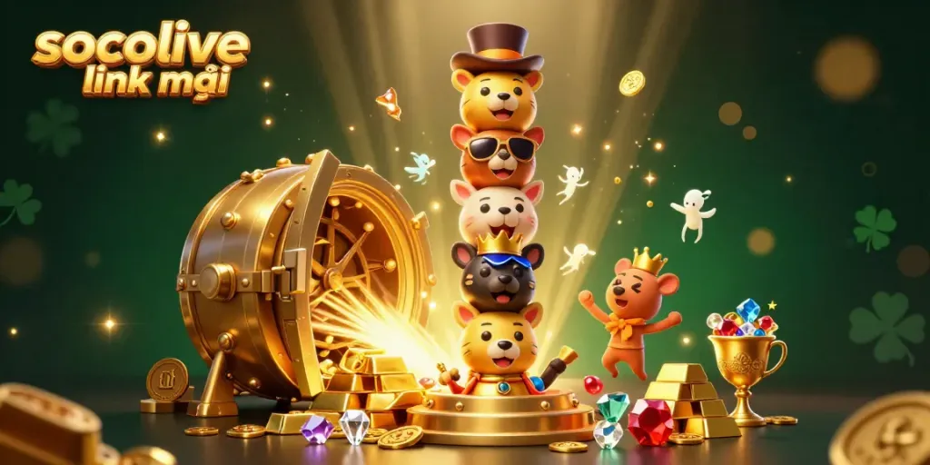 Engage with socolive link mới through rich 3D visuals of a golden totem and dazzling casino treasures.
