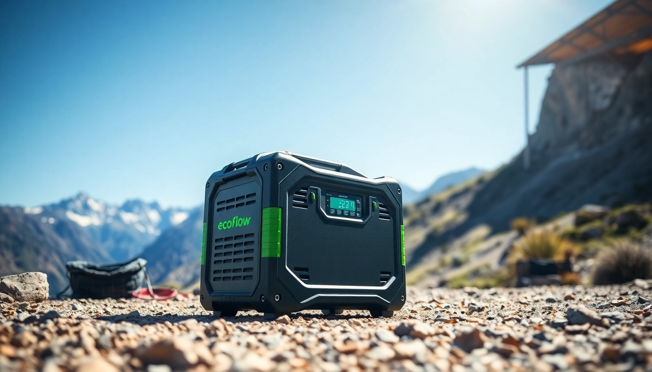 Utilize EcoFlow for outdoor adventures with a sleek solar generator in a picturesque mountain setting.
