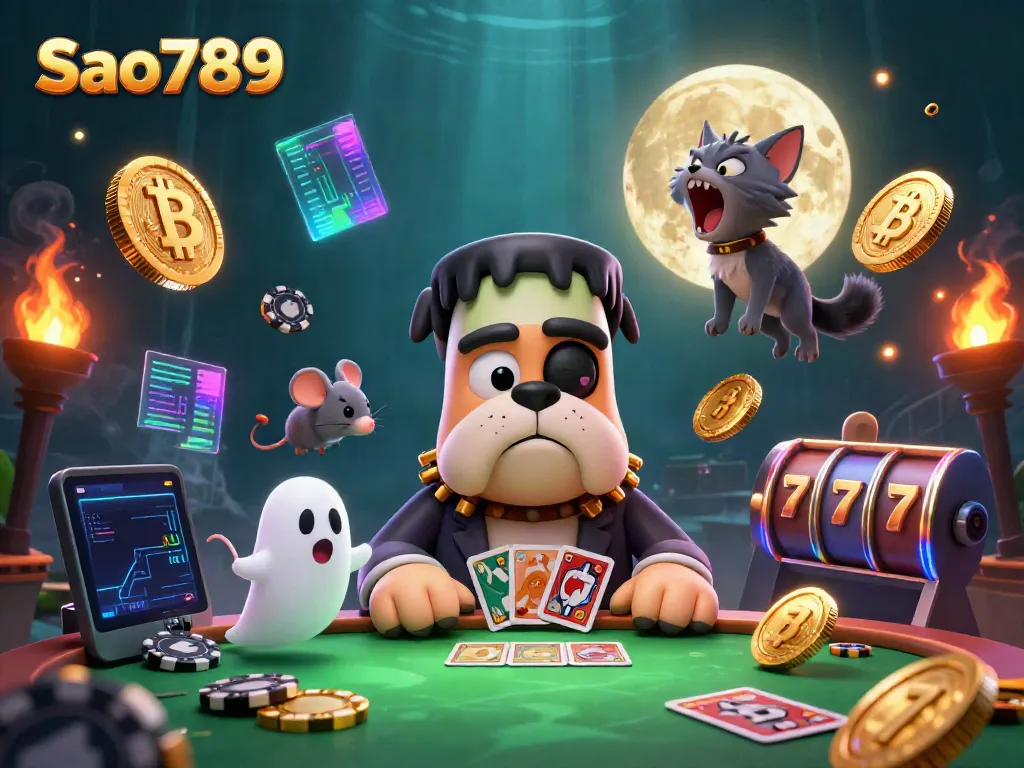 Engage with Sao789's vibrant 3D casino scene with cartoon characters dealing cards and captivating slot elements.