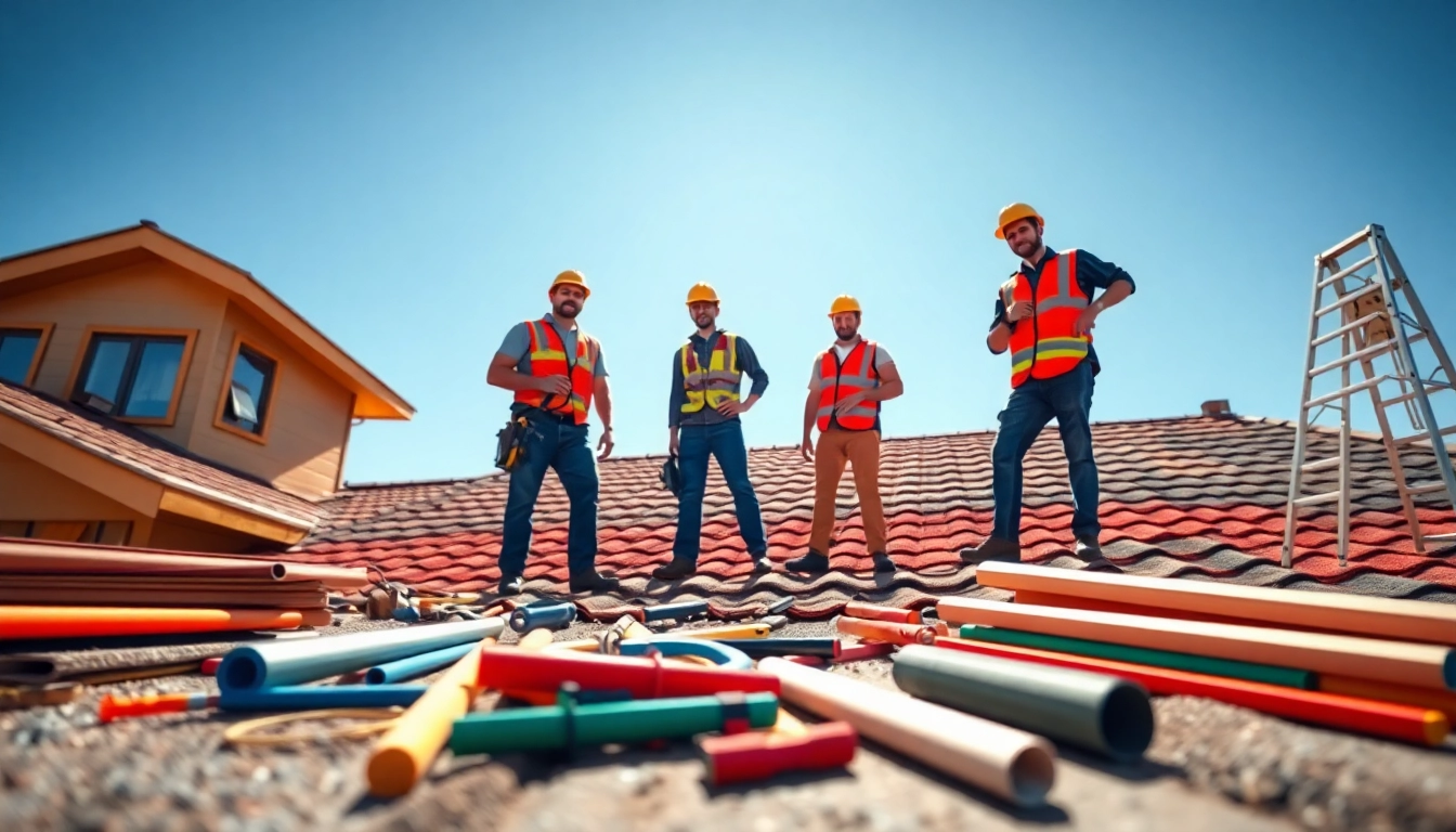 Roofing company team performing a repair project with vibrant materials