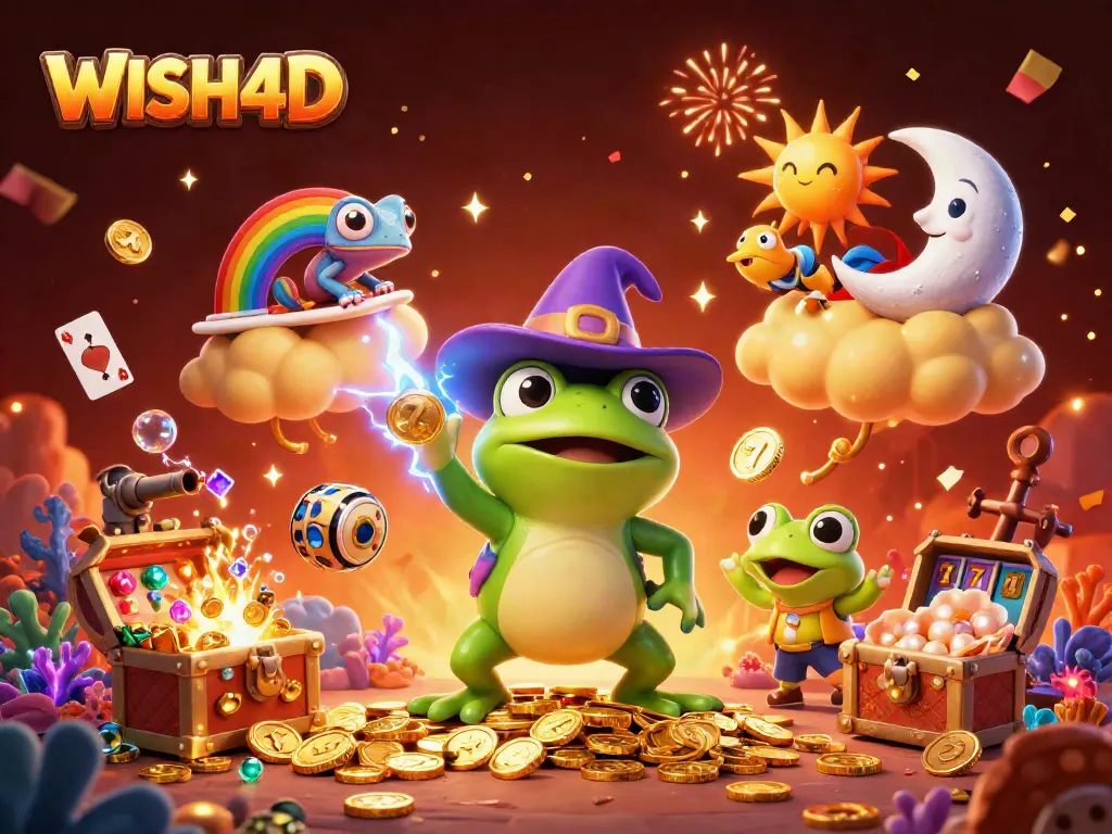 WISH4D wizard frog creates a golden coin storm in a vibrant casino scene featuring slot reels.